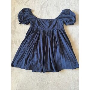 Lulus A Day in Paris Navy Blue Square Neck Puff Sleeve Babydoll Dress Size Large